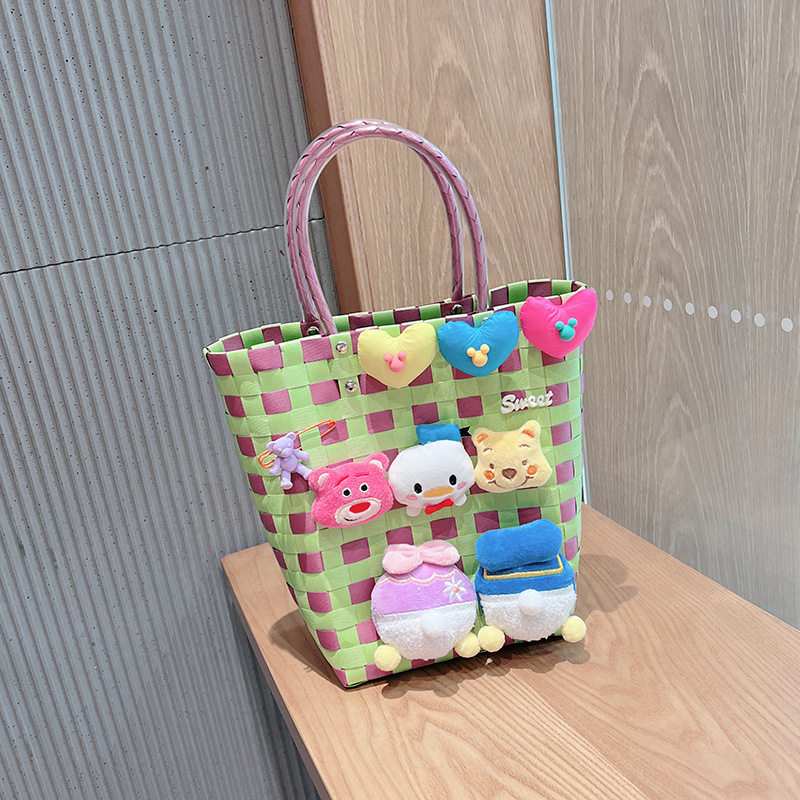 公仔の大きいサイズの緑紫の編み物のカバン