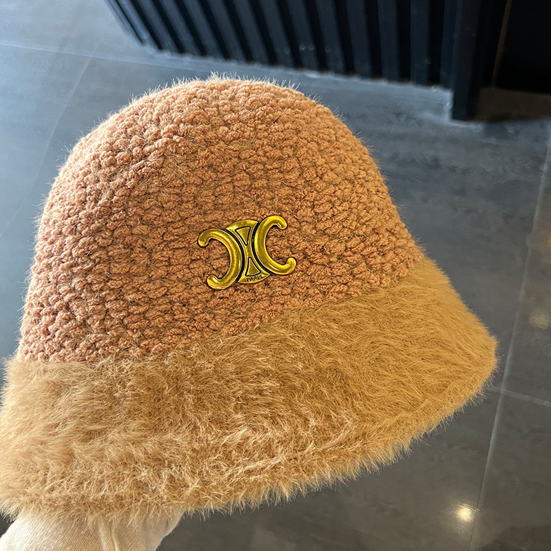 卡其色凯旋门羊羔毛拼接渔夫帽