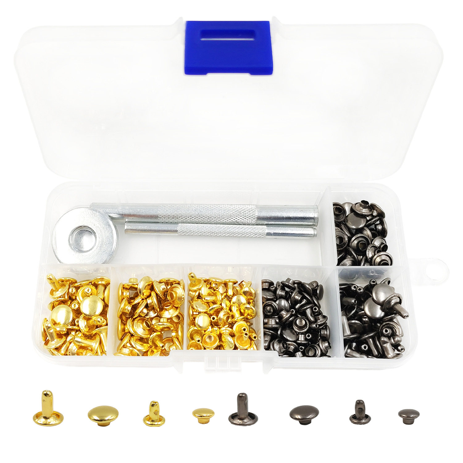 ゴールド+ガンブラック両面リベット120セット(6*6+8*8)2仕様+工具3本+収納ボックス