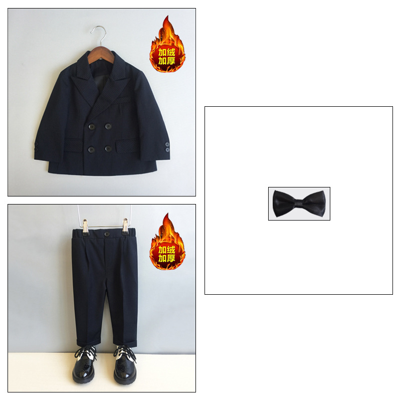 【都ベルベット】黒縞 (スーツ + ズボン + 黒蝶ネクタイ + カエデの胸花)