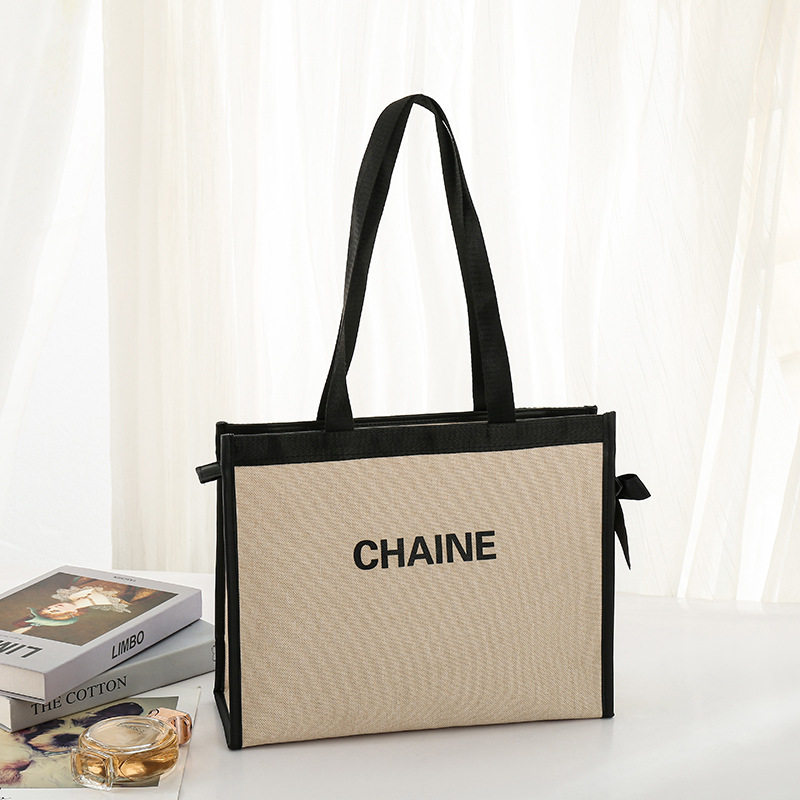 リボンキャンバス生地バッグベージュ