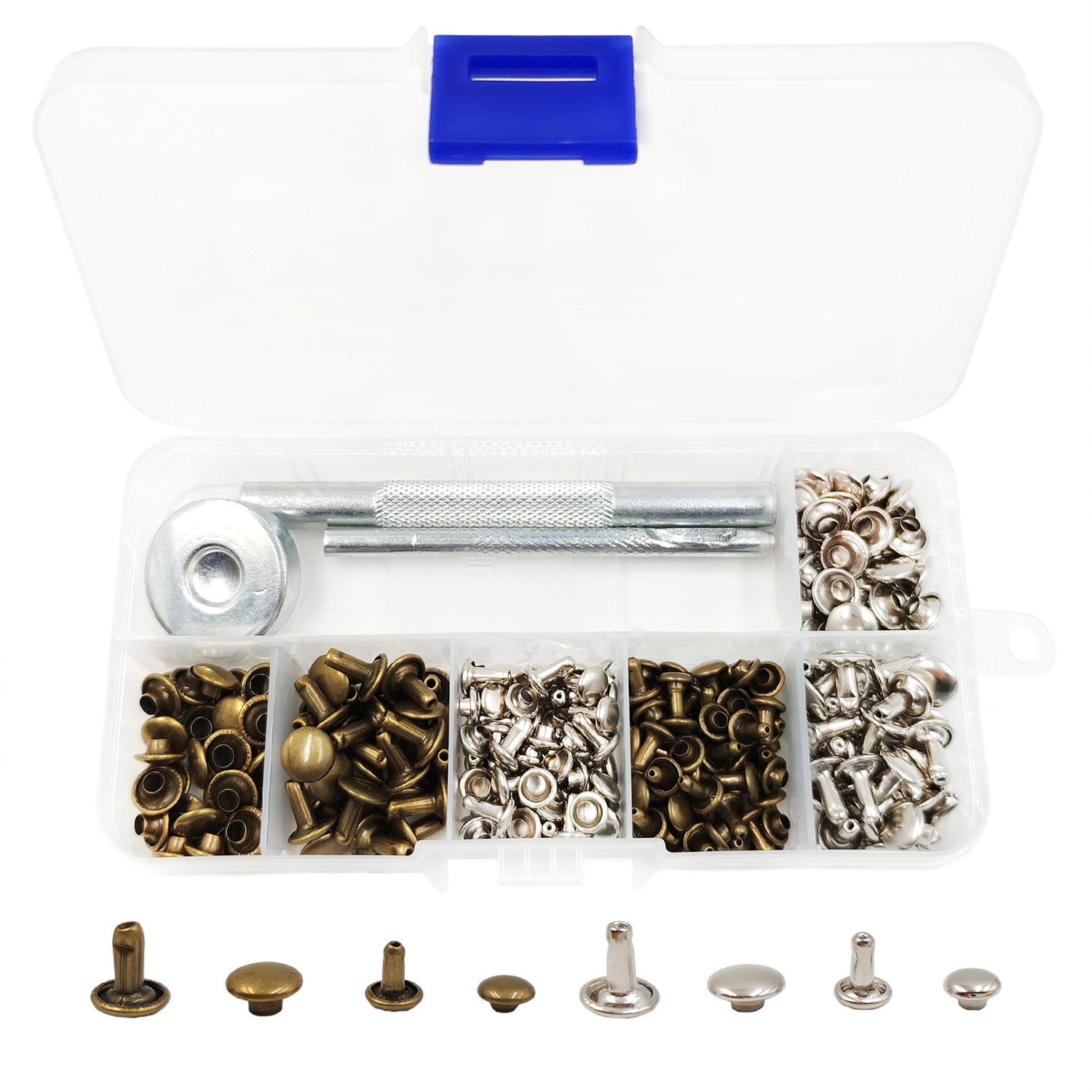 シルバー+ブロンズ両面リベット120セット、2仕様(6*6+8*8)+工具3本+収納ボックス