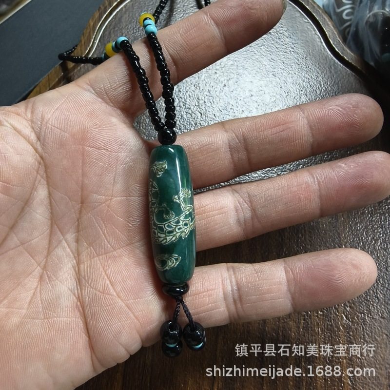 グリーンドラゴンパール Dzi ビーズペンダント (チェーンスタイル)