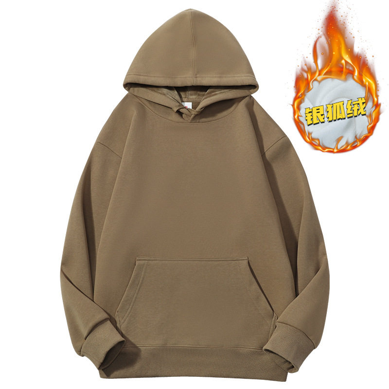 ダークカーキ中国綿フード付きフリーススウェットシャツ