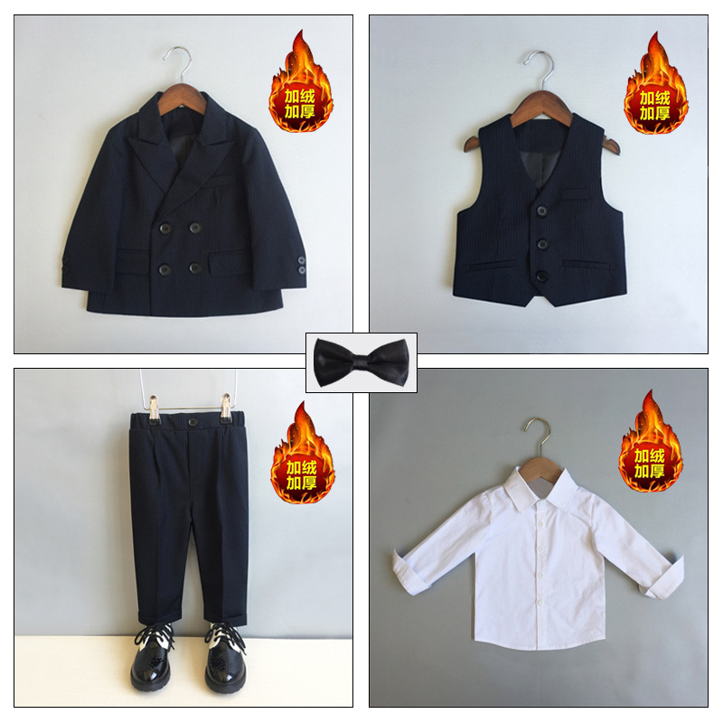 【ベルベットセット】黒の縞 (スーツ + 馬甲 + ズボン + シャツ + 黒の蝶ネクタイ + カエデの胸花)