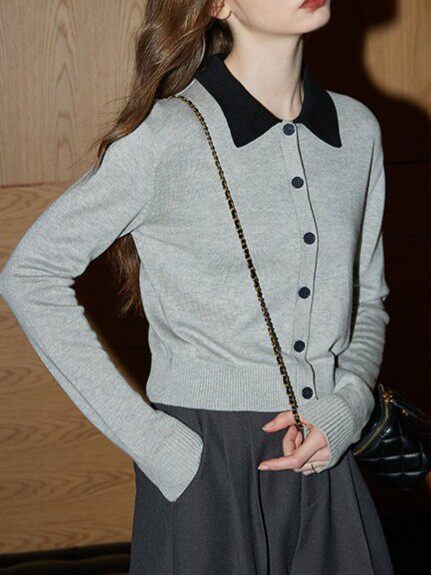 グレーの凛とした長袖セーター/小柄なトップス/万能通勤セーター