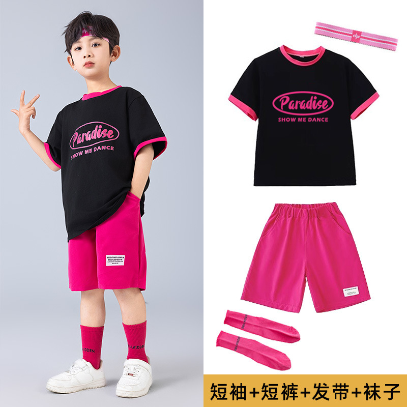 男の子 - 黒の T+ショートパンツ+ヘッドバンド+ソックス