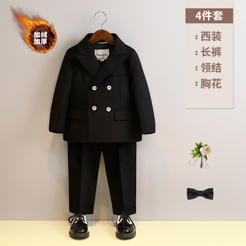 ベルベット黒4点セット (コート長ズボンY6Y1蝶ネクタイ茶花胸花)