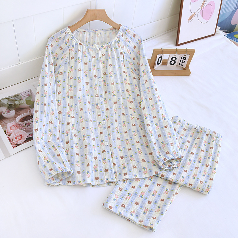 純綿クレープ丸首ブルーストライプベアー月子服セット