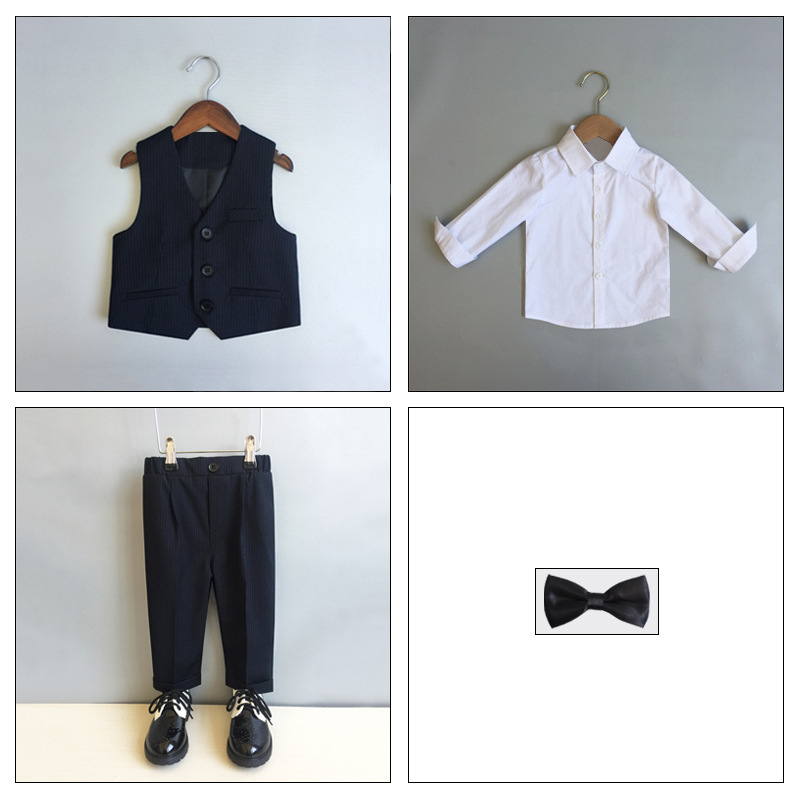 ブラックストライプ (ベスト + パンツ + ホワイト長袖シャツ + 赤面黒地ネクタイ + ベージュ色コサージュ