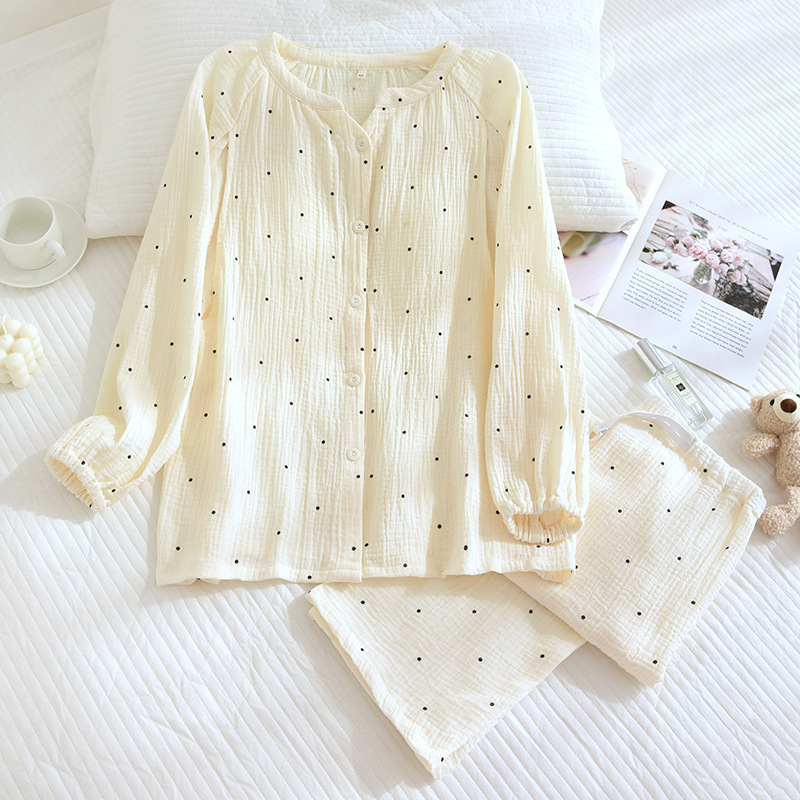 胸クッション/固定カップ純綿クレープ V ネック監禁服スーツベージュ水玉