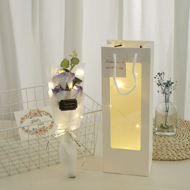 バラ3本【ライラックパープル】ライト付き、ウィンドウバッグ付き