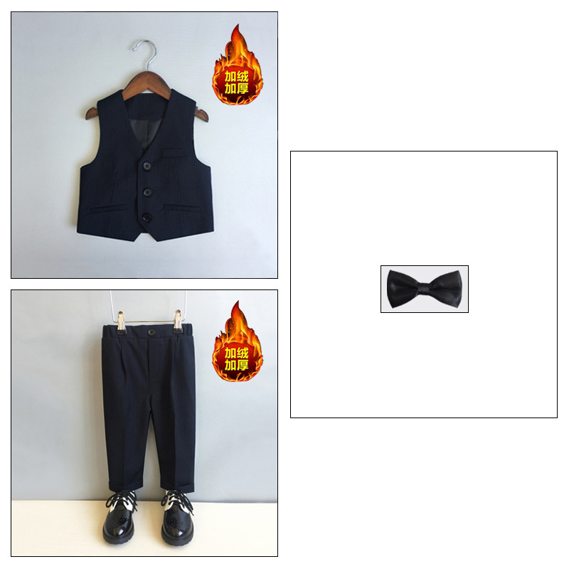 【都ベルベット】黒の縞 (ベスト + ズボン + 黒の蝶ネクタイ + カエデの胸花)