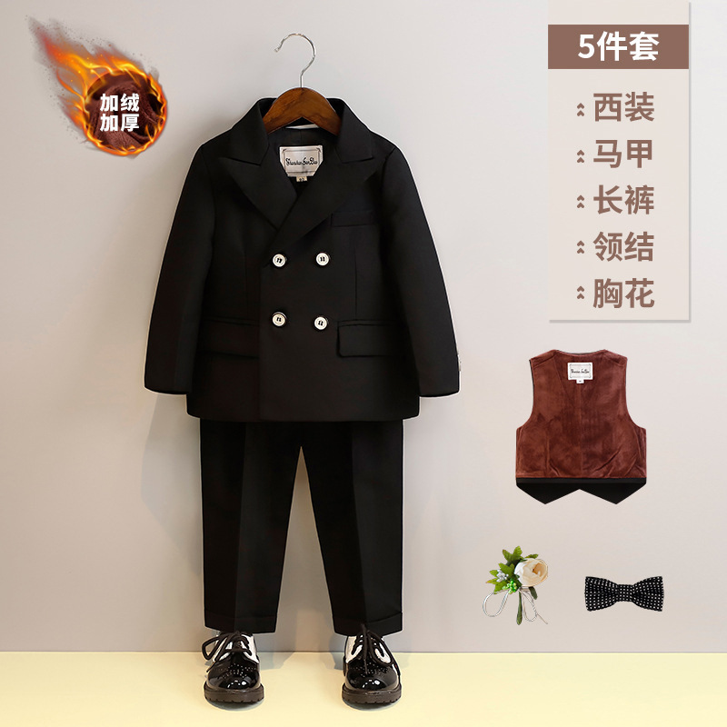 ベルベット黒五点セット (コート馬甲ズボンY6Y1蝶ネクタイ茶花胸花)