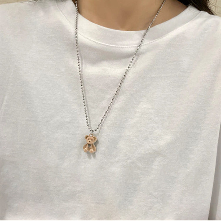 【ライトブラウン】パイルベアネックレス【チタンスチールドットチェーン + 合金ペンダント】约60cm