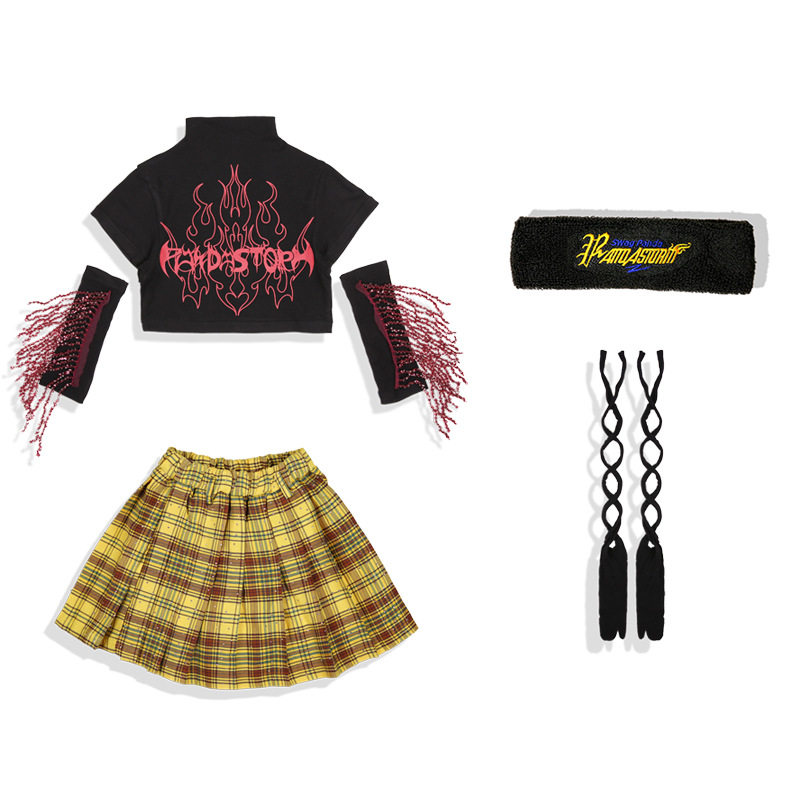 02.黒のトップス+プリーツスカート+ソックス+カチューシャ