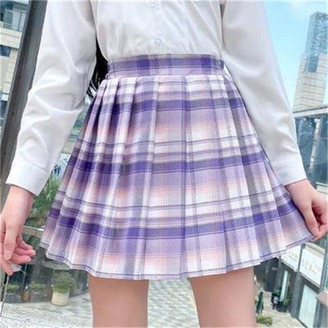 タロイモクリームパープルチェック柄スカート-新しいスタイル
