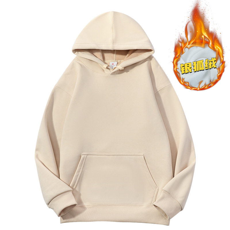 ベージュ中国綿フード付きフリーススウェットシャツ