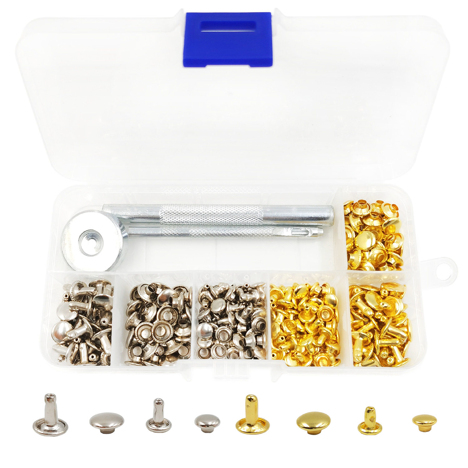シルバー+ゴールド両面リベット120セット(6*6+8*8)2仕様+工具3本+収納ボックス