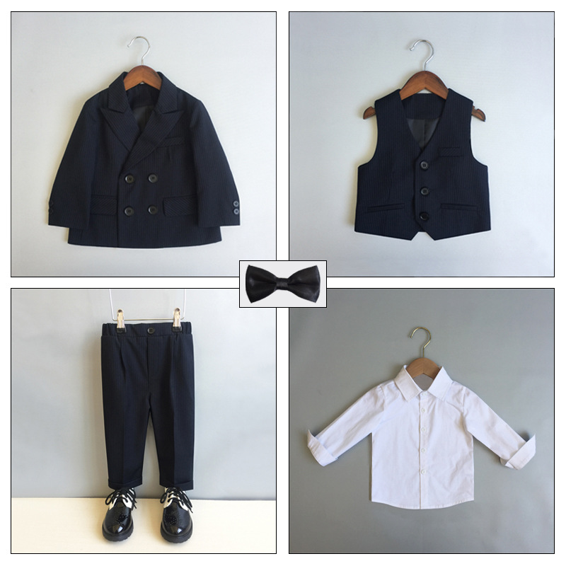 ブラックストライプ (スーツ + ベスト + パンツ + ホワイト長袖シャツ + 赤面黒地蝶ネクタイ + ベージュコサージュ)