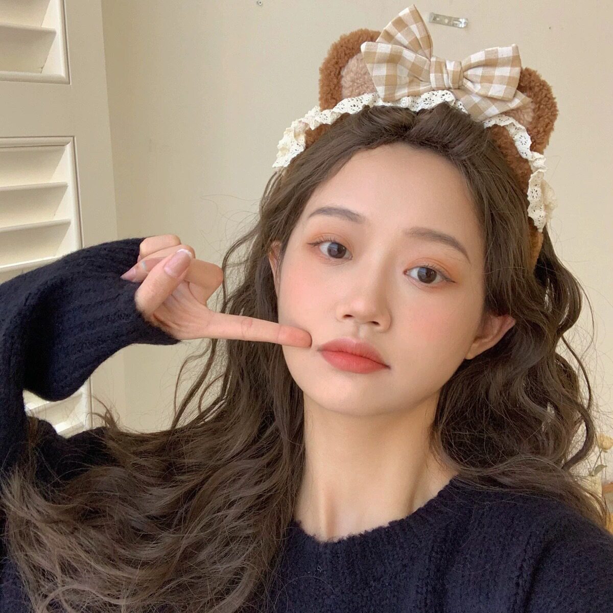 28#茶色のクマの耳チェック柄リボンレース茶色のぬいぐるみヘッドバンド