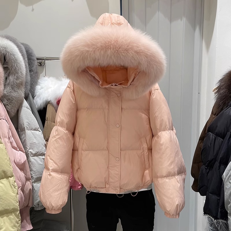 ピンク + 本物のキツネの毛の襟