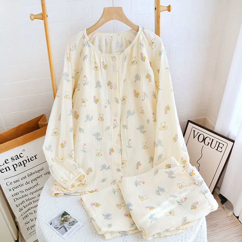 純綿のクレープの丸首の花園の熊の月子服のスーツ