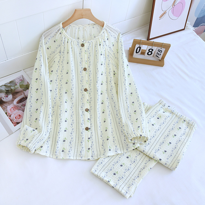 純綿クレープ丸首ストライプ紫バラ月子服セット