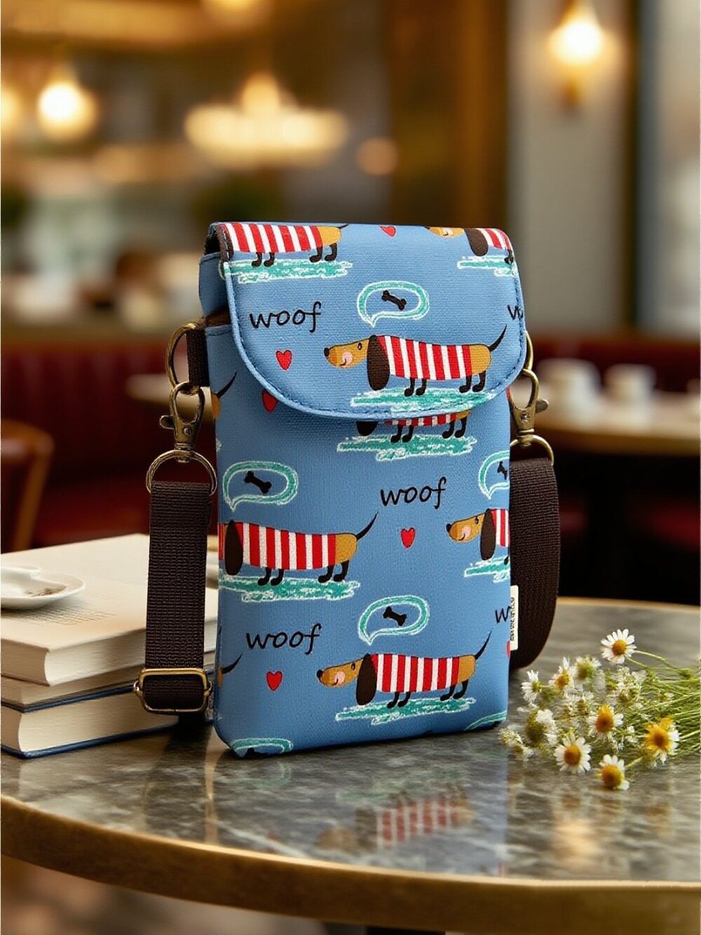 携帯電話バッグストライプ犬-スカイブルー