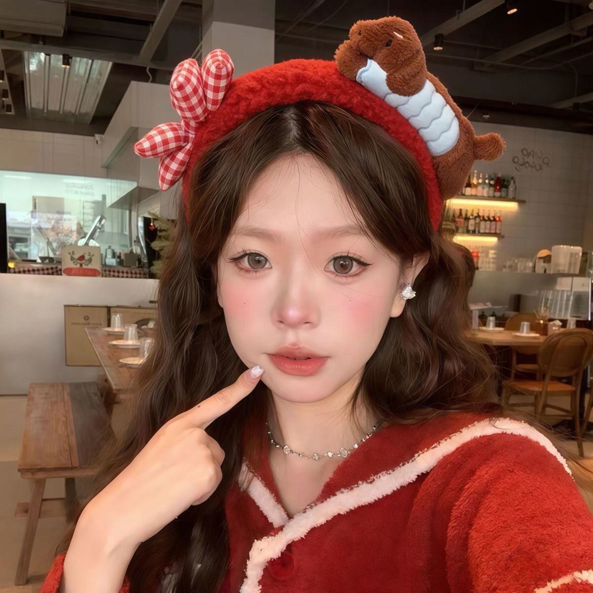 59#ダックスフントの子犬の赤いチェック柄のリボンぬいぐるみヘッドバンド