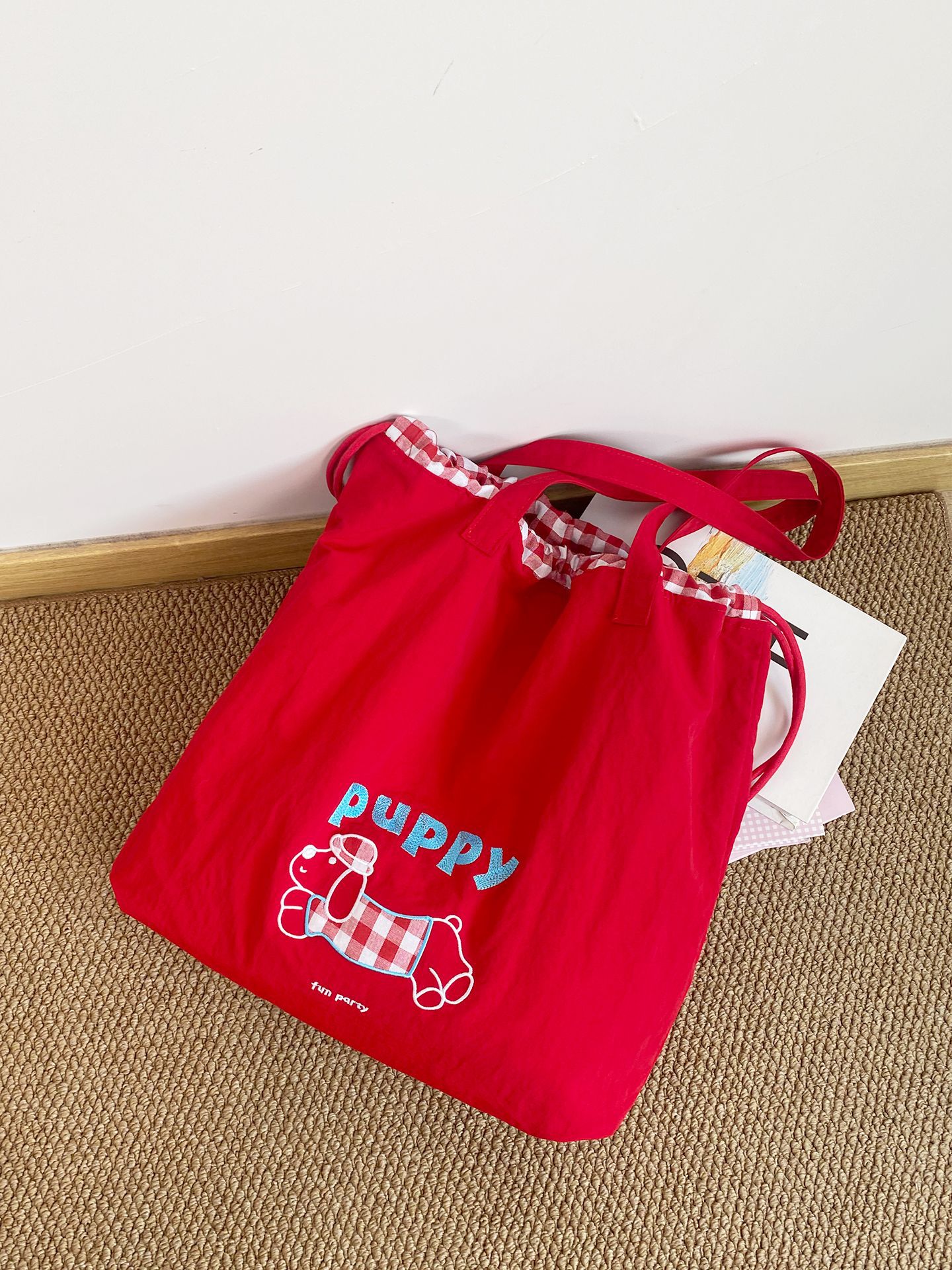 巾着パピーナイロンバッグ-レッド