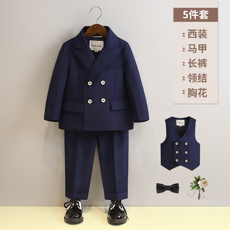 チベット青スーツ5点セット (コート + ベスト + 長ズボン + y6y1ネクタイ + 茶花胸花)