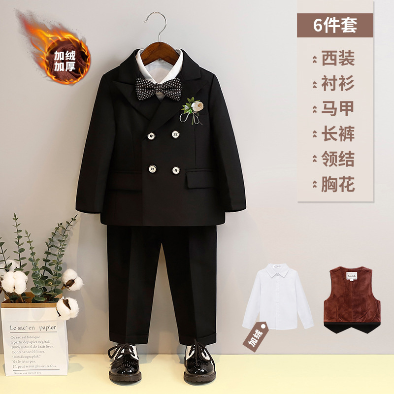 ベルベット黒六点セット (コート馬甲長ズボン長袖シャツY6Y1蝶ネクタイ茶花胸花)