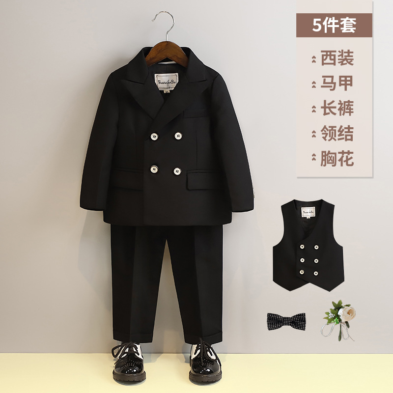 ブラックスーツ5点セット (コート + ベスト + ロングパンツ + y6y1蝶ネクタイ + 茶花コサージュ)