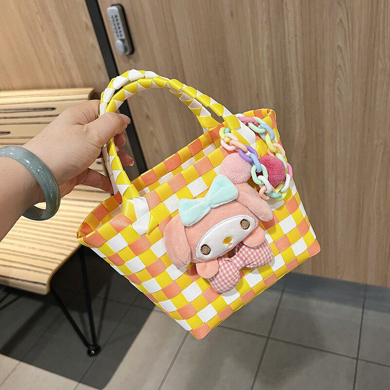 オレンジと白のチェック柄ピンクのウサギのリボンチェーン