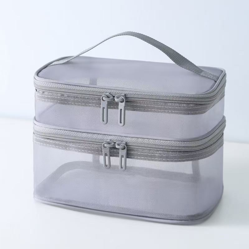 二層メッシュ化粧品バッグ - グレー