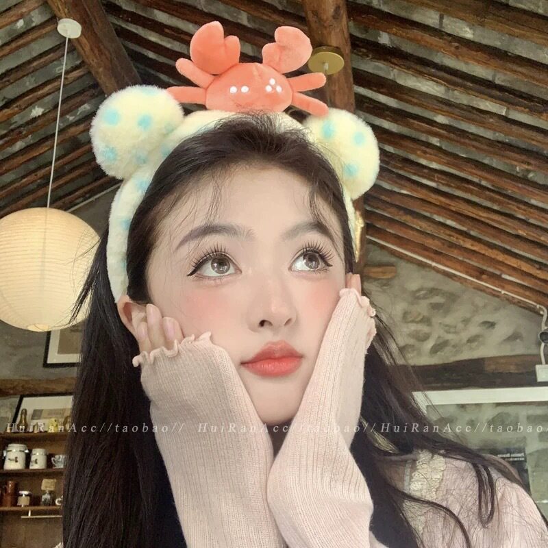 24#漫画のカニの青い水玉模様のクマの耳のぬいぐるみヘッドバンド