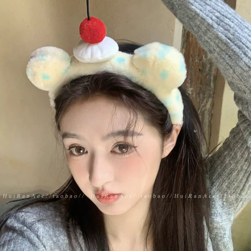 23#チェリーケーキブルー水玉クマ耳ぬいぐるみヘッドバンド