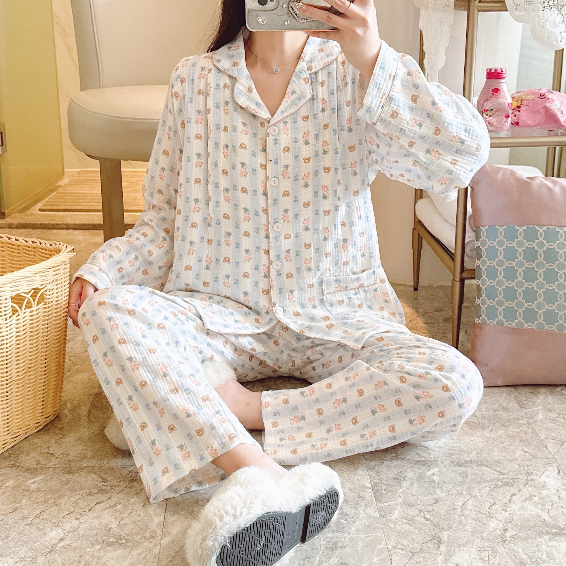 純綿クレープ襟付きブルーベアー月子服セット