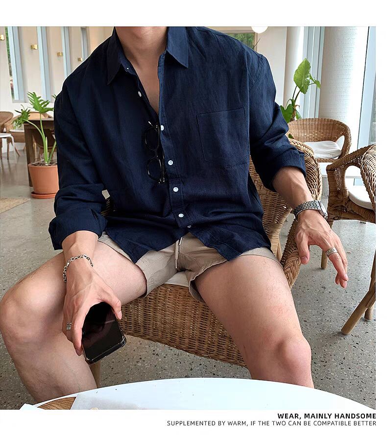 リネン長袖ワークシャツ ネイビーブルー