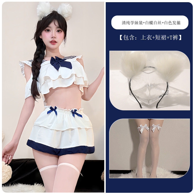 白い学生服 + 白い蝶と白いシルク + 白いヘッドバンド