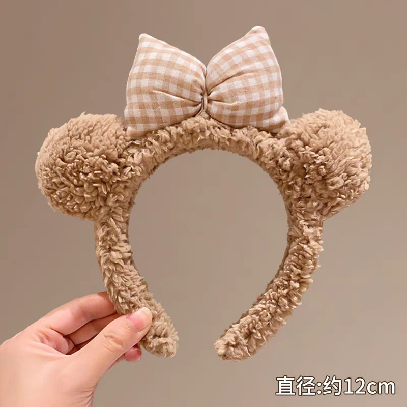 6#カーキ色のリボン付きくま耳ふわふわヘアバンド