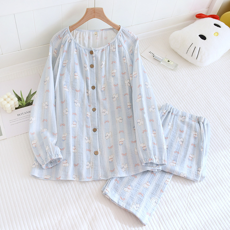 胸クッション/固定カップ純綿クレープラウンドネック監禁服スーツブルーキャット