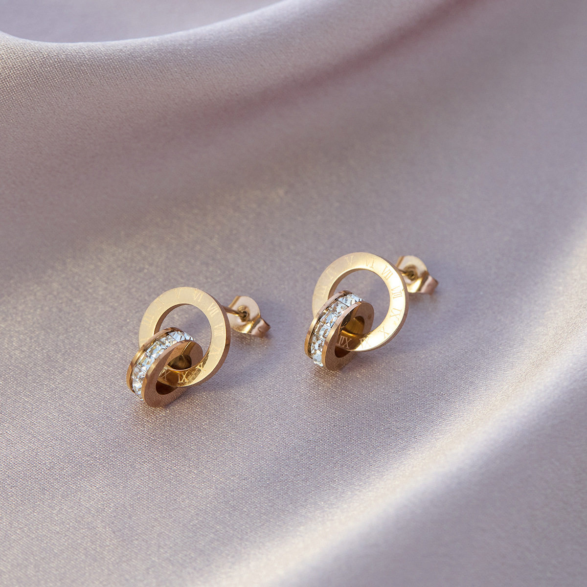 クラシック ダブル リング スタッド ピアス ローズゴールド