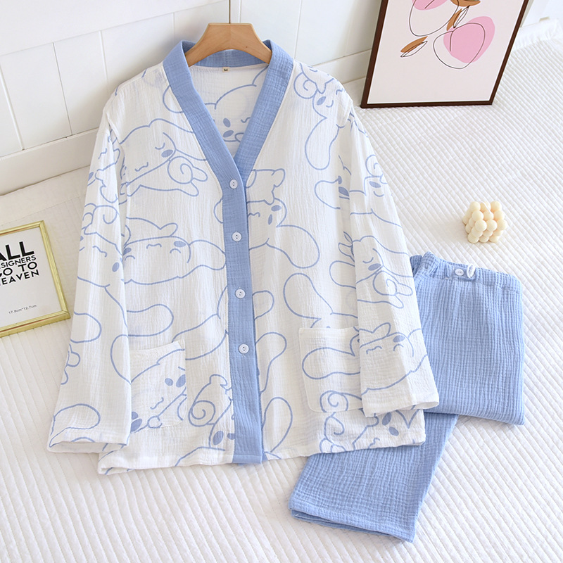 純綿クレープvネックブルー月桂兎月子服セット