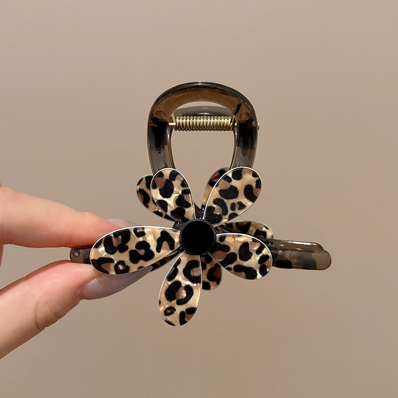 1#Mサイズ【透明ブラウンボトムクリップ】ヒョウ柄フラワーグリップ-8cm