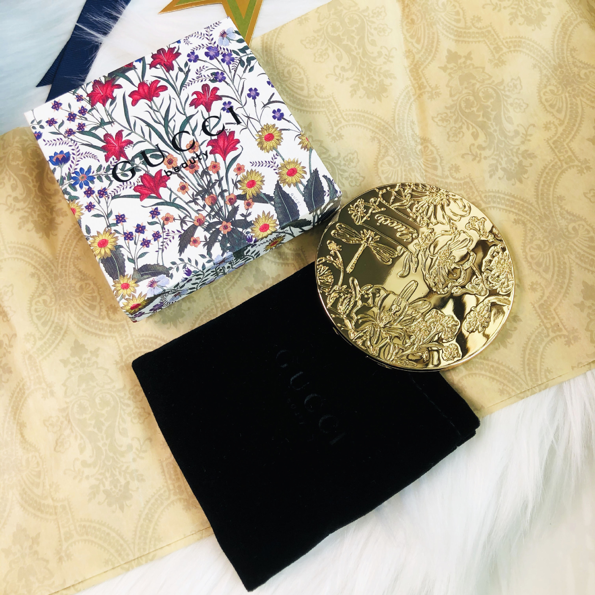 本物の花柄ゴールドミラー + ベルベットバッグ + ギフトボックス