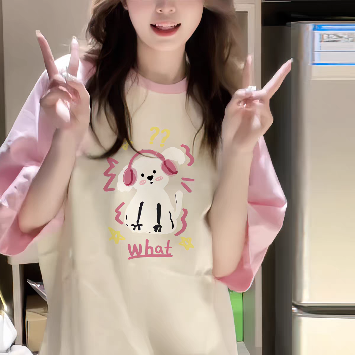 ❃●ミュージックパピー ピンクアプリコット【サマートップス/Lサイズ/右肩/ニッチ/半袖レディースTシャツ/コットン/やや太め/韓国風/デザイン/ルーズ/カジュアル】●❃