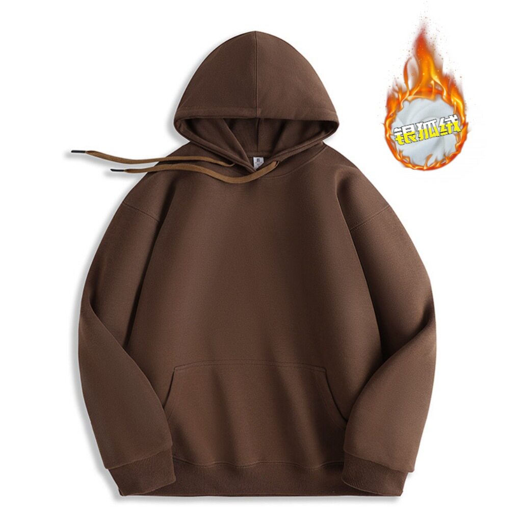 ブラウンの中国綿フード付きフリース スウェットシャツ