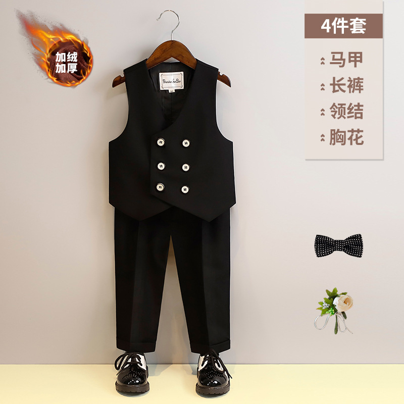 ベルベット黒馬甲4点セット (馬甲長ズボン蝶ネクタイ胸花)